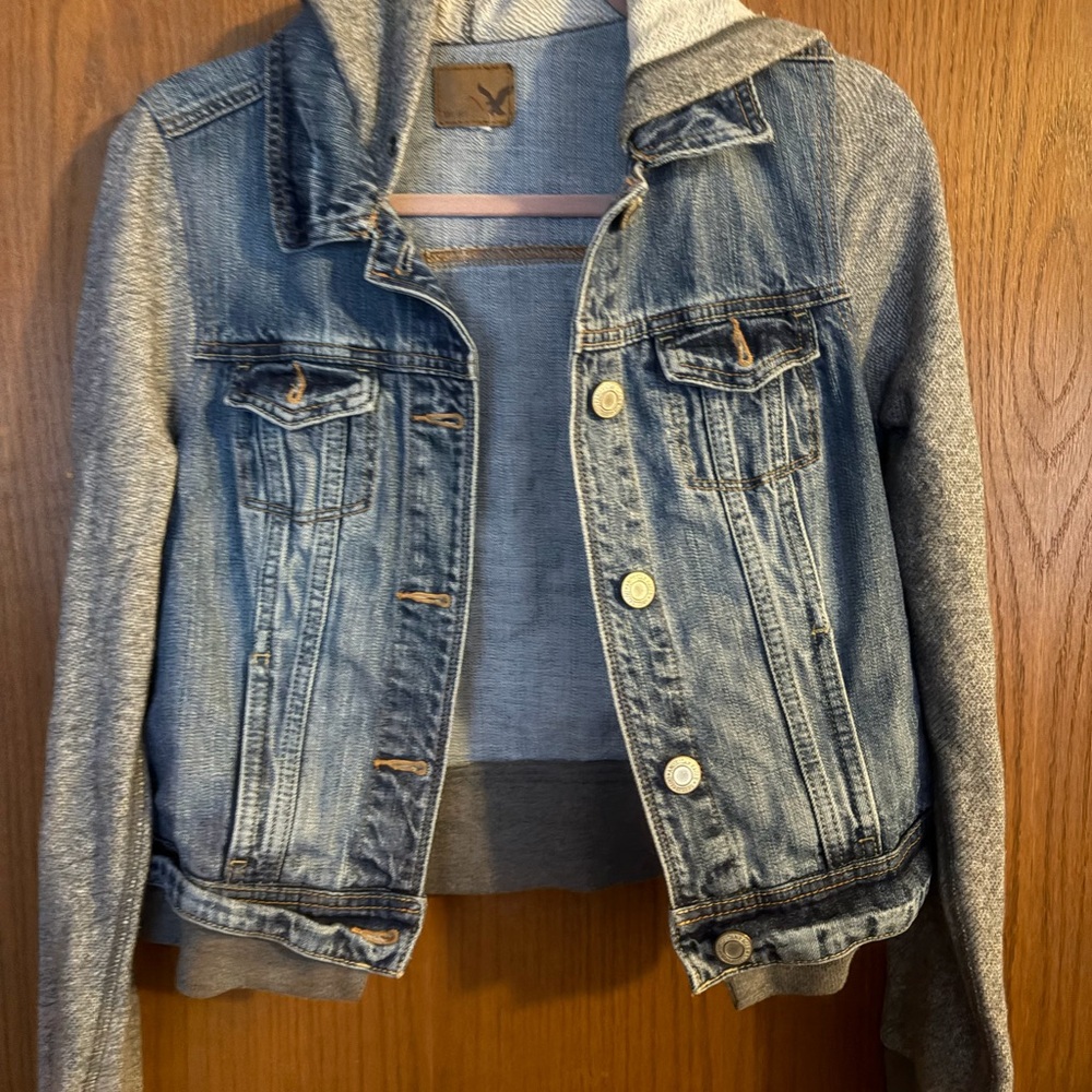 American Eagle Blue Denim Jacket with Gray Hood